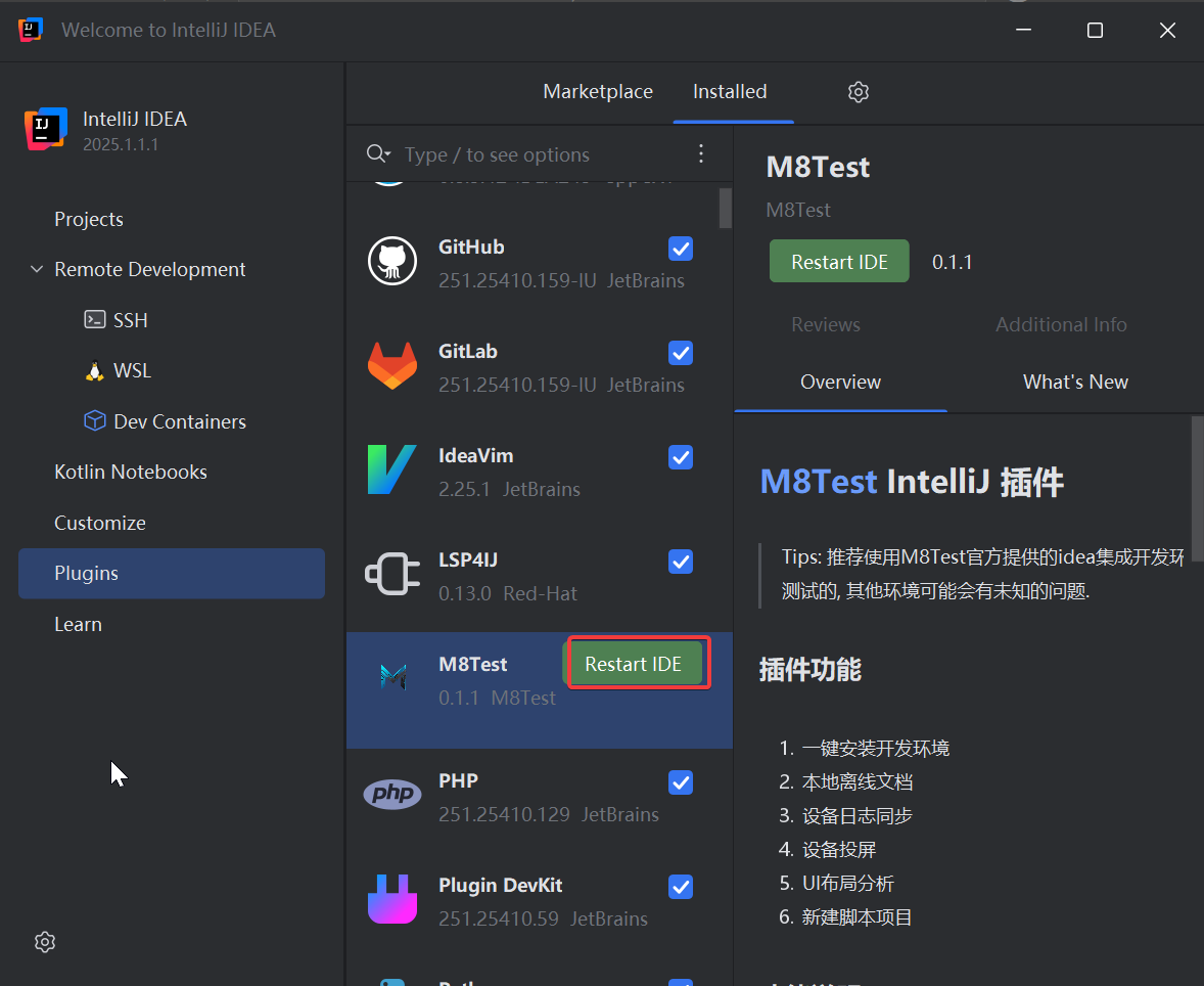 重启 IDE 提示 重启 IDE 提示